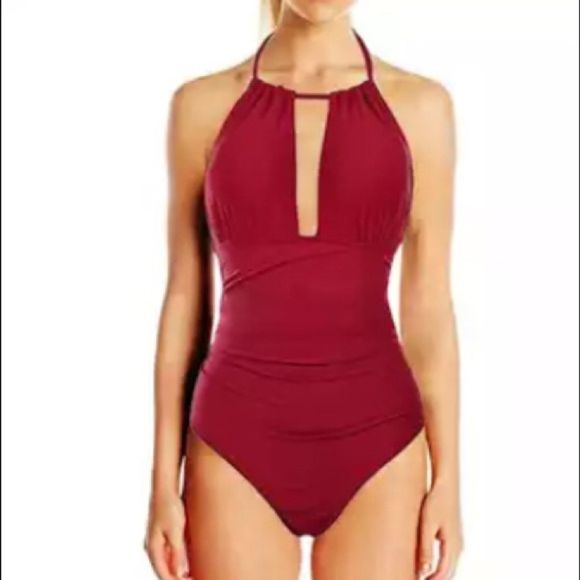 Cupshe Red Halter One Piece Swimsuit Tummy Control - Picture 3 of 7
